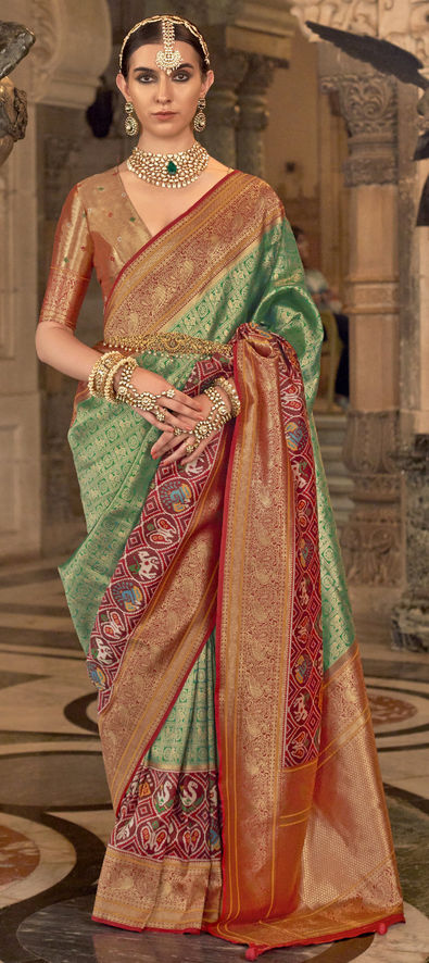 Banaras bridal katan silk saree in green & red – thebanarasiweavers