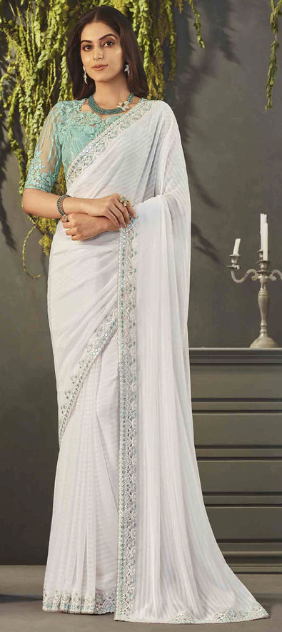 Engagement, Reception, Wedding White and Off White color Georgette, Shimmer  fabric Saree : 1925377