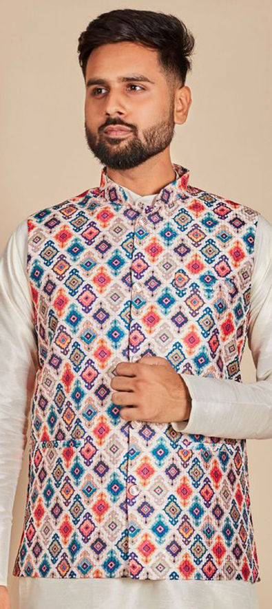 Digital Printed Art Silk Nehru Jacket in Multicolor : MTX3222