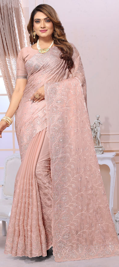 Beige Color Shimmer Silk Embroidery Designer Party Wear Saree -2673141100