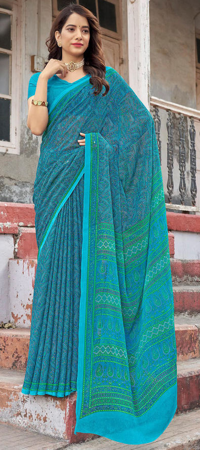 Green Chiffon Silk Saree With Zari Border