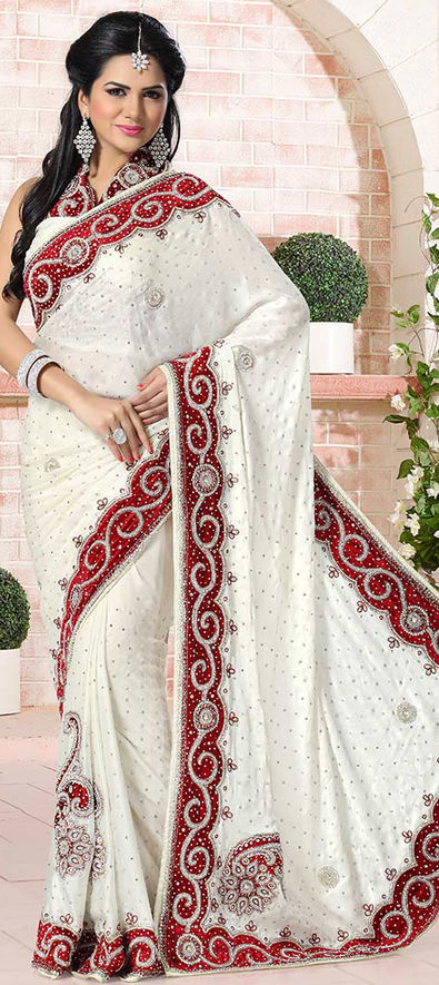 Stone Work Organza Fabric Saree In Off White Color