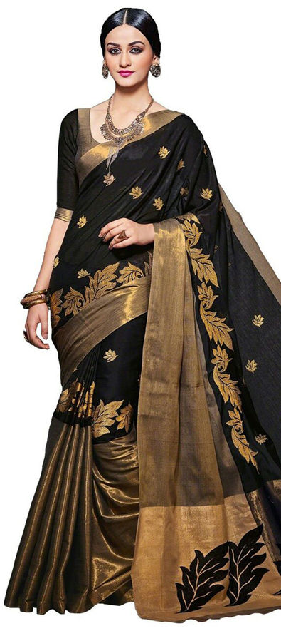 Buy Handloom Golden Zari Work Black Pure Silk Saree