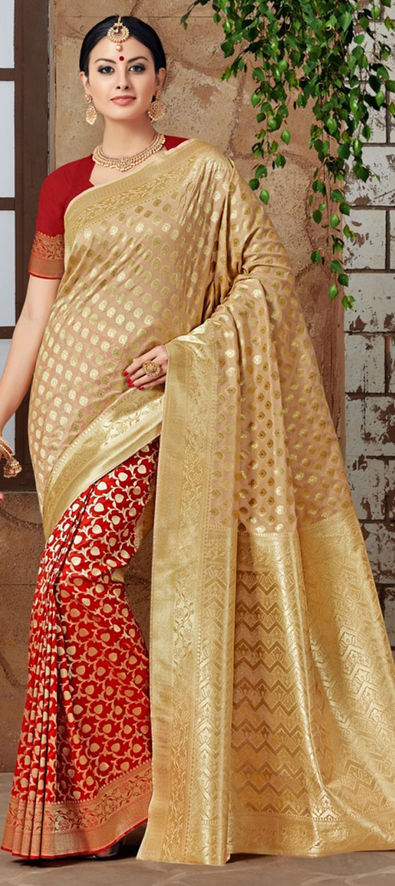 Straw Brown Banarasi Woven Printed Silk Saree – MySilkLove