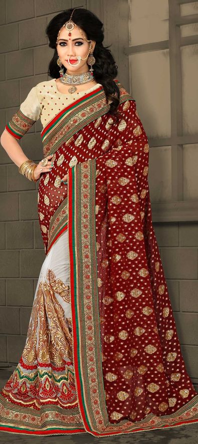 RED & WHITE DIAMOND EMBROIDERY SAREE FOR WOMEN – www.soosi.co.in