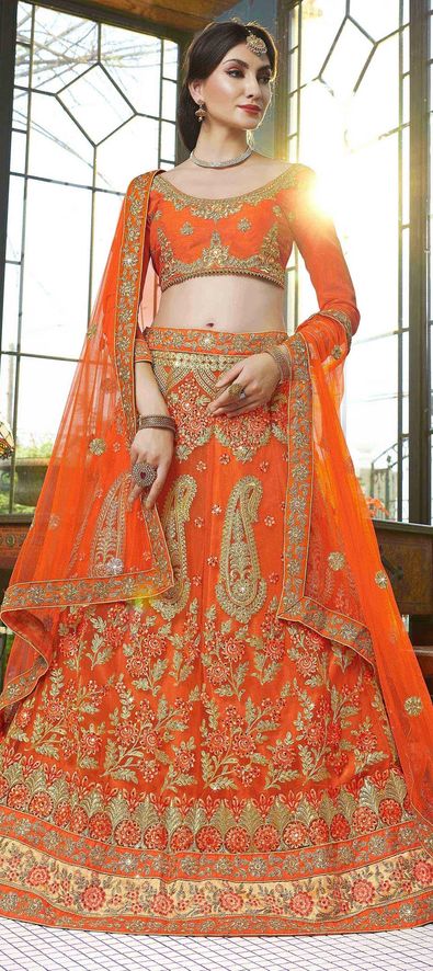 Latest Designer Orange Tafeta Silk Lehenga Choli With Foil Paper Embroidery  Work and Net Dupatta With Lace Border for Women Occasional Wear - Etsy