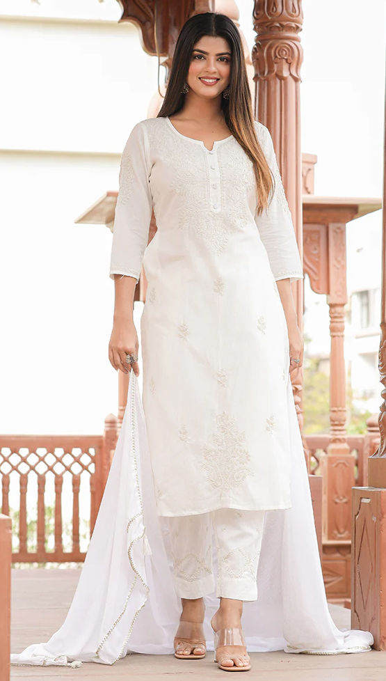 Festive, Party Wear White and Off White color Cotton
