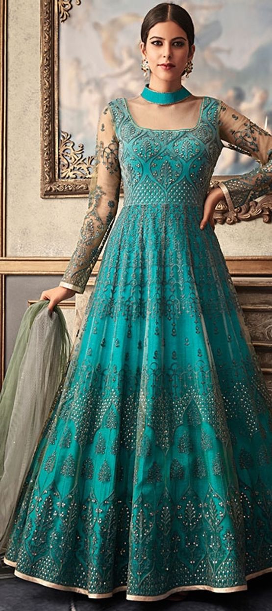 green emerald velvet dress NF-6500 Beige Net Stitched Frock main image 0