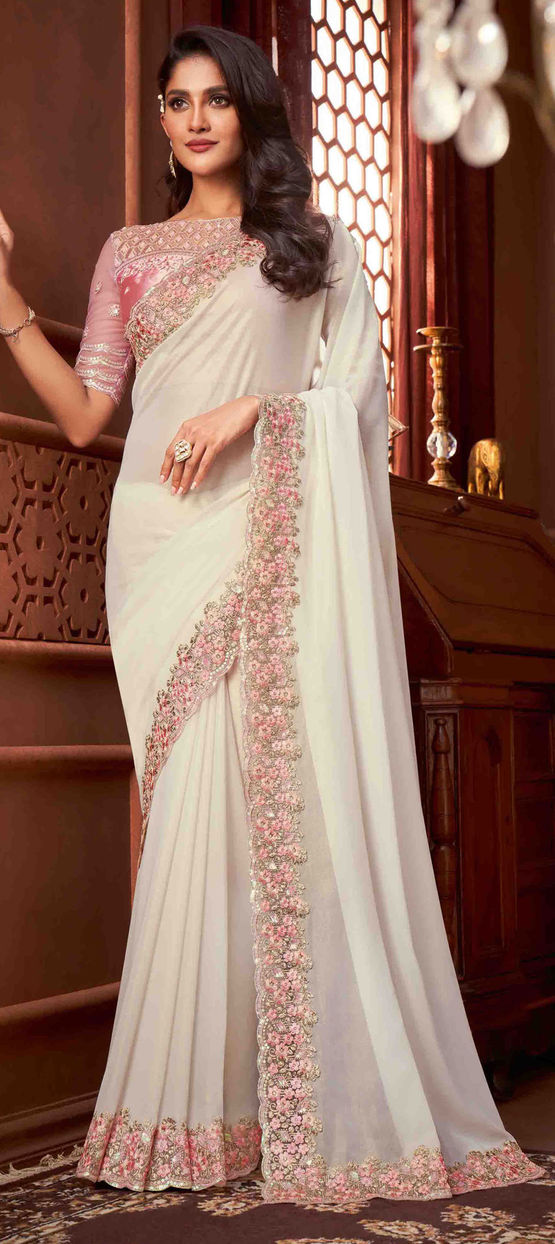 Georgette Party Wear Saree in White and Off White with Thread 2024 work