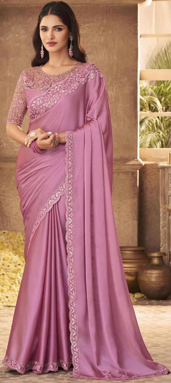 Festive Party Wear Wedding Pink and Majenta color Georgette fabric Saree 1786527