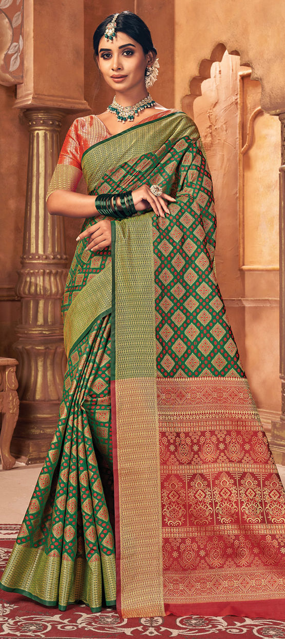 Vintage South Indian Patola Textile Printed Beautiful Saree Silk Fabric Green & Brown Sari Wedding From South Indian With Blouse online Saree