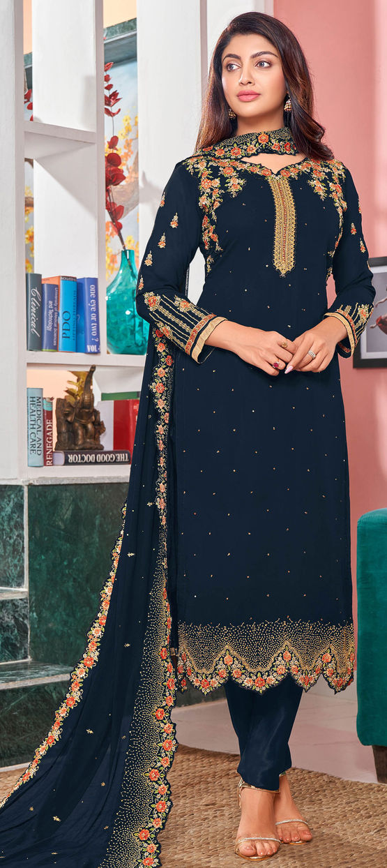 Wedding Style Brown Sequence Work Sarara Salwar Kameez with Embroidery Navy Blue popular Dupatta