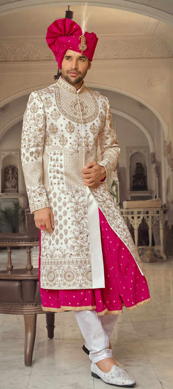Red and Maroon, White and Off White color Art Silk fabric Sherwani