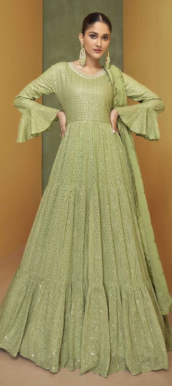 Mehendi Sangeet, Party Wear, Reception Green color Georgette fabric Salwar  Kameez : 1836370