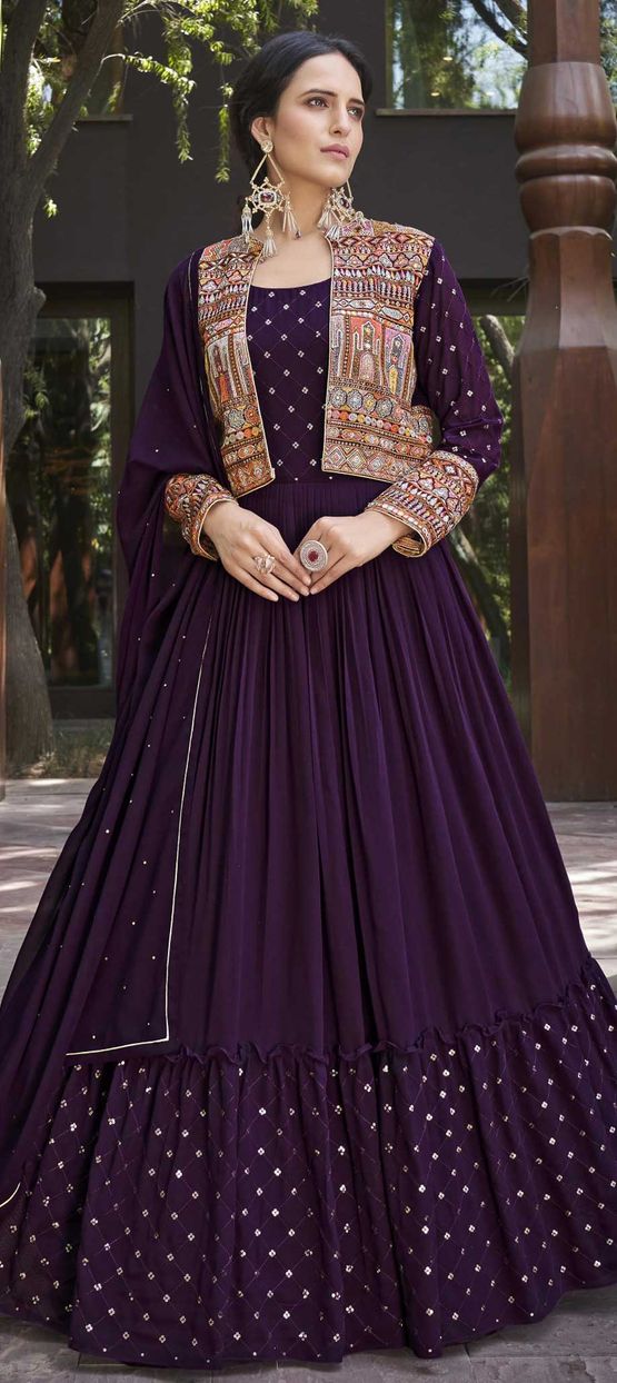 festive purple dress Designer Purple Embroidered Gown with Dupatta – Festive Wear
