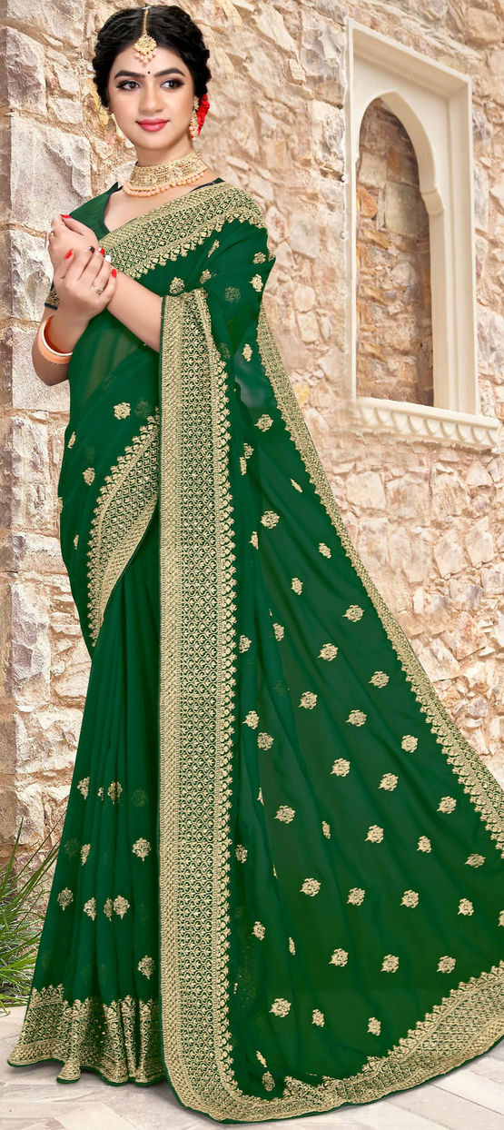 Green Color Chanderi Silk and newest Georgette Party Wear, Zari & Stone Work Saree With Blouse Piece, Women Indian traditional saree, wedding saree