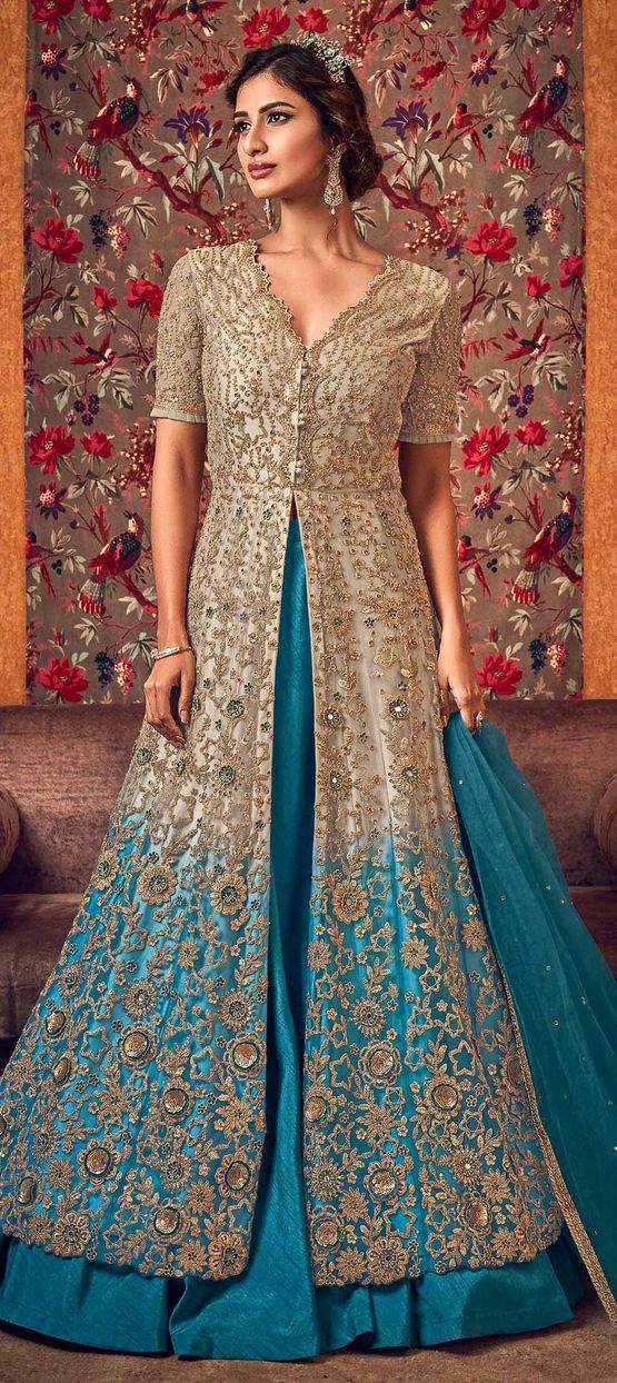 Bollywood Beige and Brown Blue color Net fabric Long Lehenga Choli 1856987