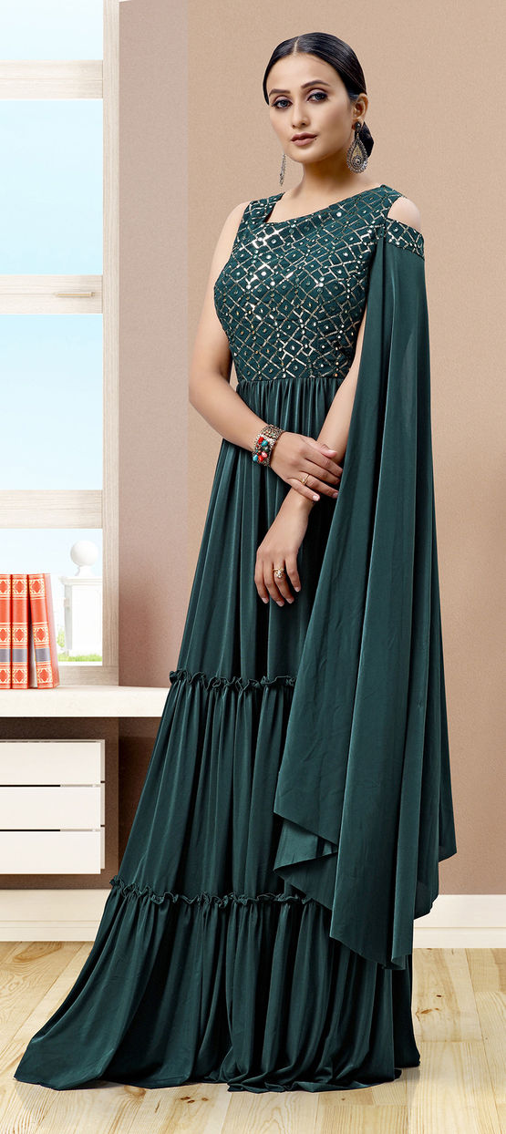 Designer, Reception Green color Lycra fabric Gown : 1871407