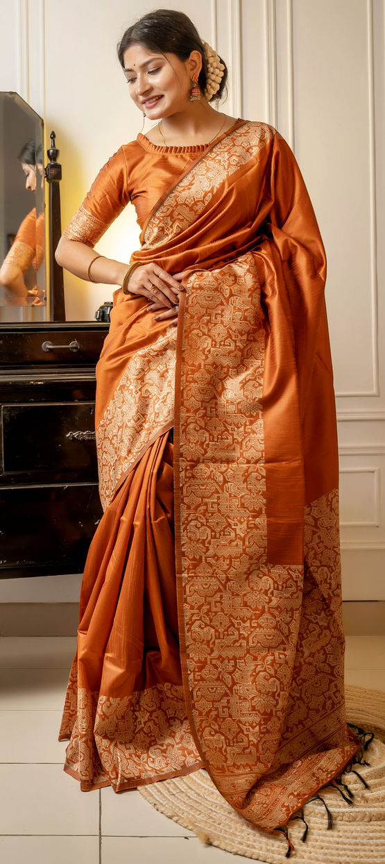 Raw Silk Party Wear Saree in Orange with Weaving Work Indian Dresses