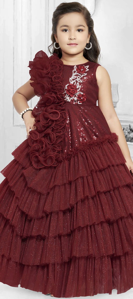 Party Wear Red and Maroon color Net fabric Girls Gown 1893843