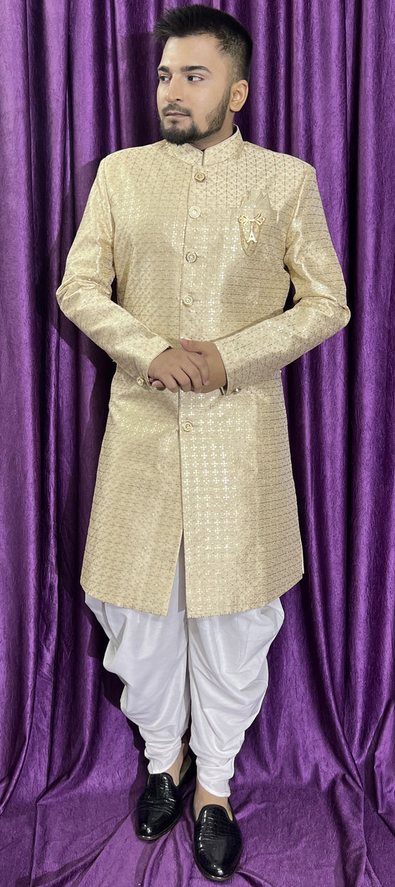 Party Wear Gold color Silk fabric IndoWestern Dress : 1900390