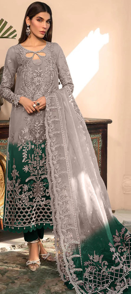 Festive, Party Wear, Reception Black and Grey, Green color Organza Silk  fabric Salwar Kameez : 1904616