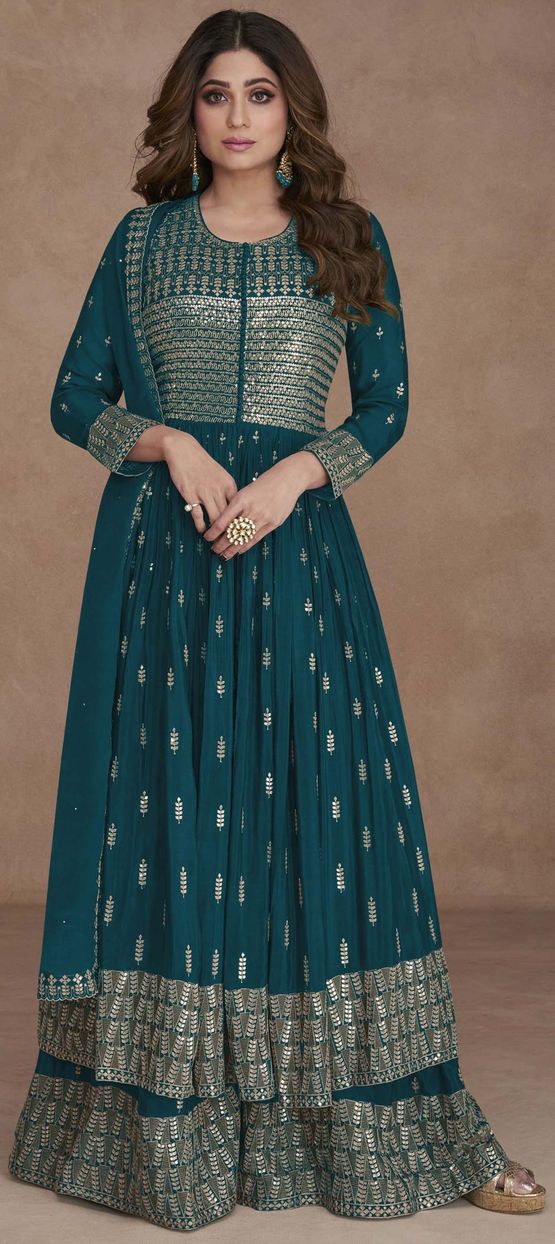 Blue Color Indian Bollywood hotsell Designer Anarkali Gown Type Salwar Kameez Georgette Fabric With Embroidery Work Ready Made Full Stitched Dress