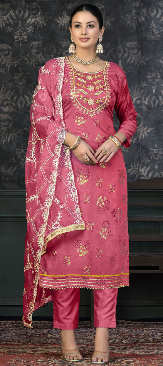 Organza Silk Party Wear Salwar Kameez in Pink and Majenta with Printed work