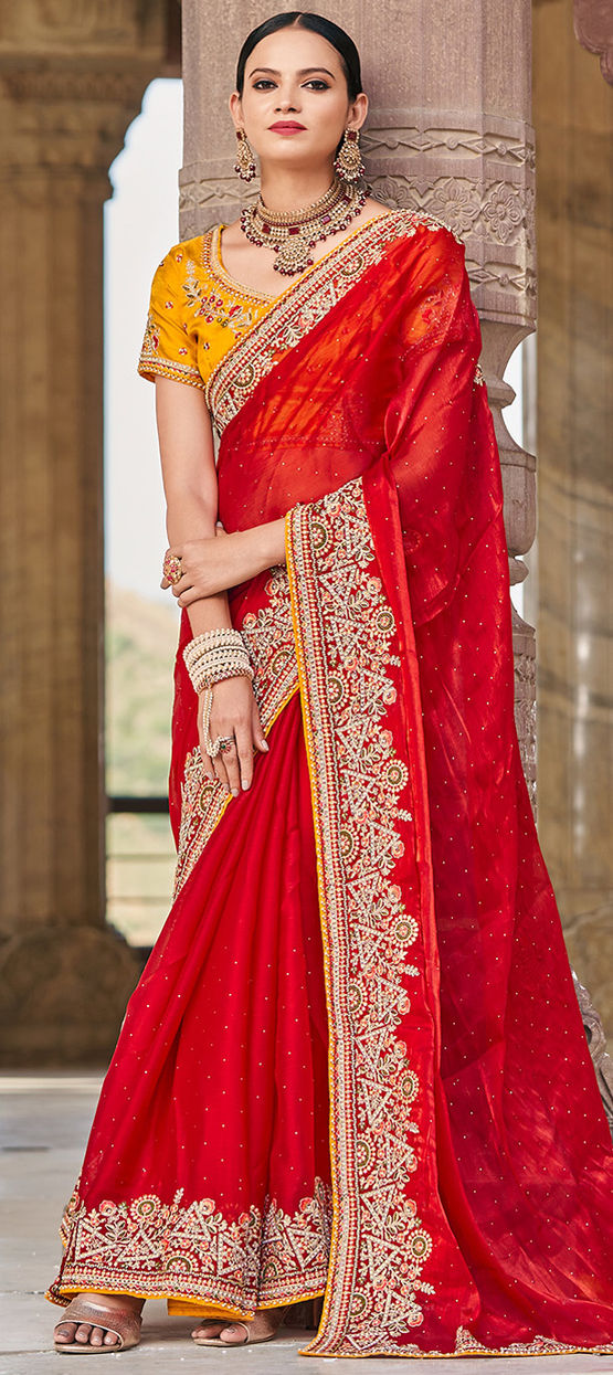 Bridal, Traditional, Wedding Red and Maroon color Satin Silk