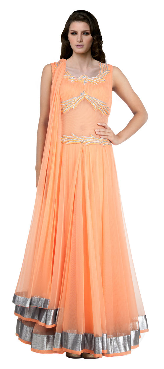 strapless open back dress Sunset Orange Angrakha Anarkali- Indian Clothing in Denver, Co and Aurora, CO- India Fashion x S main image 0