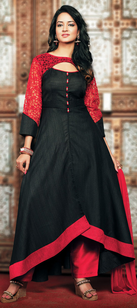473087: Black and Grey, Red and Maroon color family stitched Anarkali Suits  .