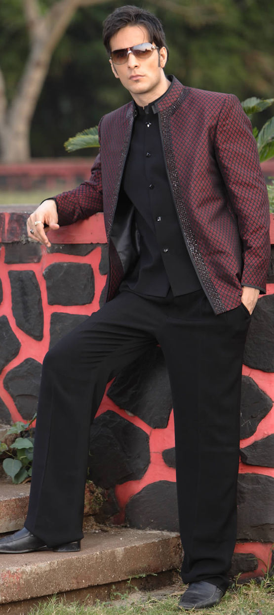 502680: Black and Grey, Red and Maroon color Brocade, Satin Silk fabric  Jodhpuri Suit
