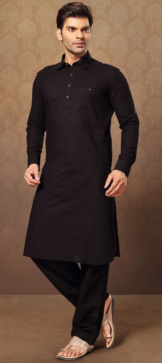 Cotton Pathani Suit in Black and Grey with Thread work