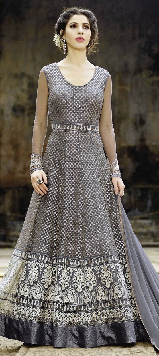 grey color anarkali dress Women's Granny Grey Cotton Gota Anarkali Suit Set Green / XS main image 0