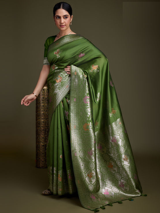 Verdant Grace Saree Premium Green Fabric with Artistic Aari and Handwork Motifs - Buy