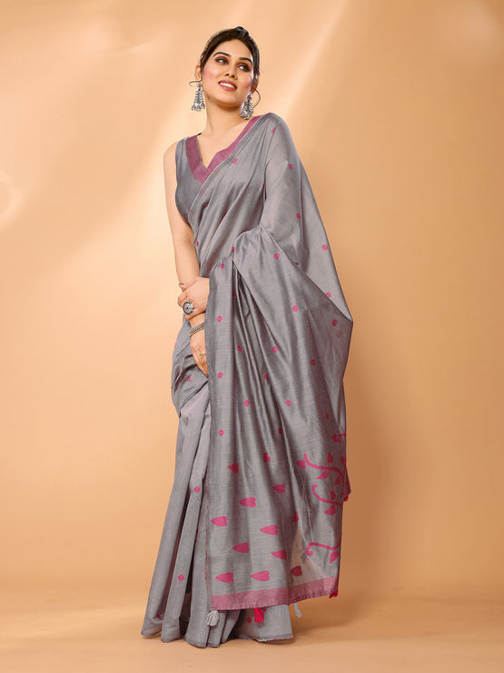 Dark Grey Chanderi Semi Silk Saree main image 0