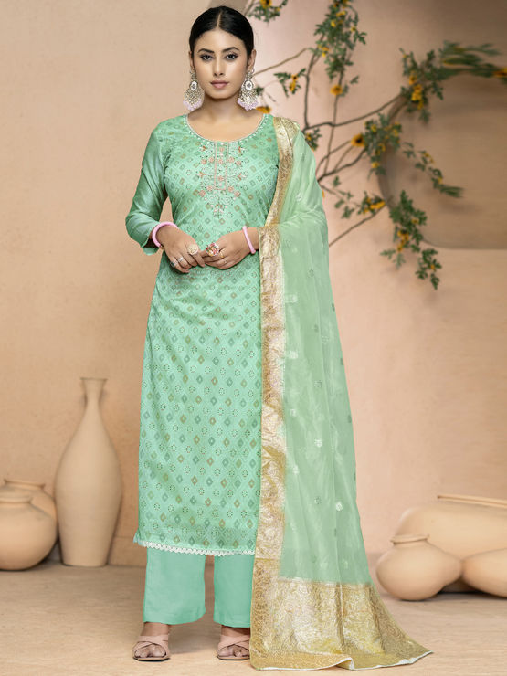 Chic Green Cambric Cotton Designer Party Wear Heavy Salwar Suit Collection With Green Cotton