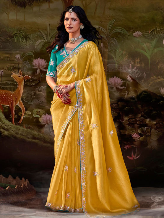 Bridal, Traditional, Wedding Yellow color Chiffon, Organza Silk fabric Saree : 1962115
