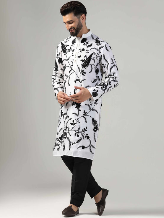 White summer wedding silk chanderi jacket with printed kurta set main image 1
