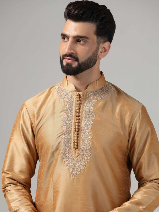 Buy Gold-Toned Woven Design Regular Kurta Set with Pyjamas Online – Indiaista