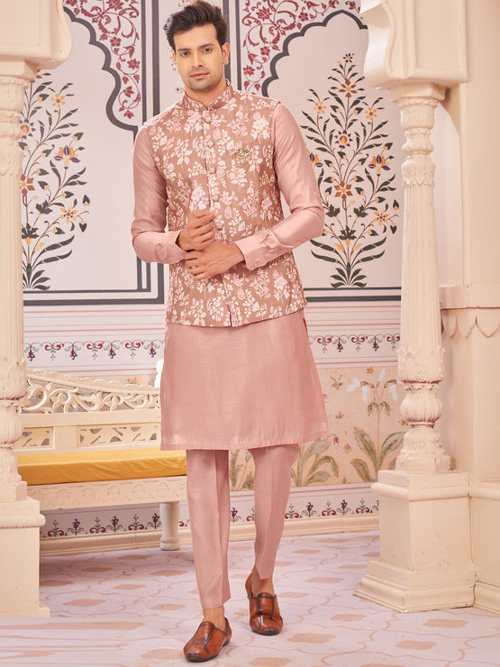 Art Silk Party Wear Kurta Pyjama with Jacket in Pink and Majenta with Printed work