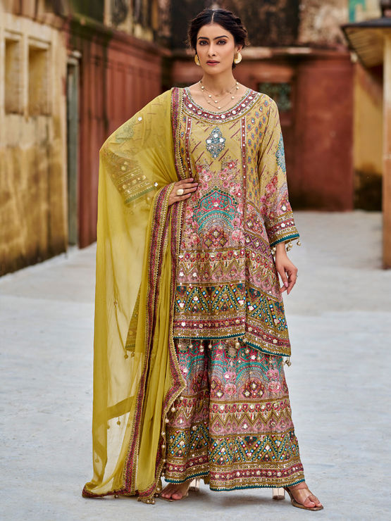 Festive, Party Wear, Reception Yellow color Chinon Silk fabric Salwar ...