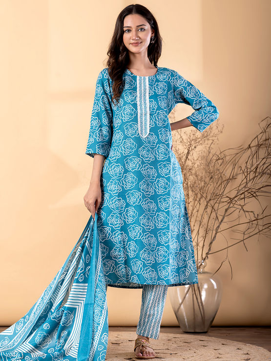 ankle length churidar cotton materials Poly Cotton Summer Salwar Kameez in Blue with Printed Work Indian Dresses