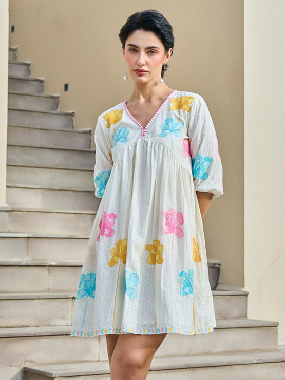 cotton party wear dress for women Libas Blue Printed Cotton Fit and Flare Dress